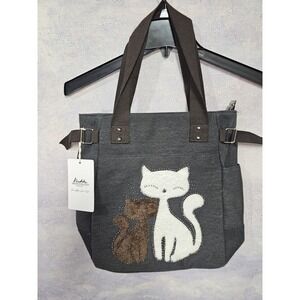 Canvas Tote Bag Cute Furry Cat Applique Bling Studded Shoulder Handbag KAUKKO